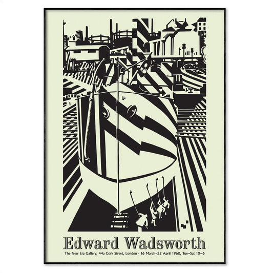 Edward Wadsworth 1918 woodcut-inspired exhibition poster featuring British navy ship in Liverpool dry dock