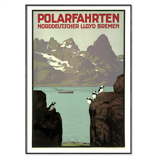 1912 Norddeutscher Lloyd Bremen polar cruise vintage poster featuring a ship amidst icy mountains and puffins on cliffs