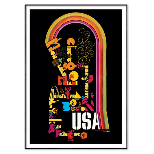 1980s Vintage USA Cityscape Typographic Poster – Restored Americana Wall Art