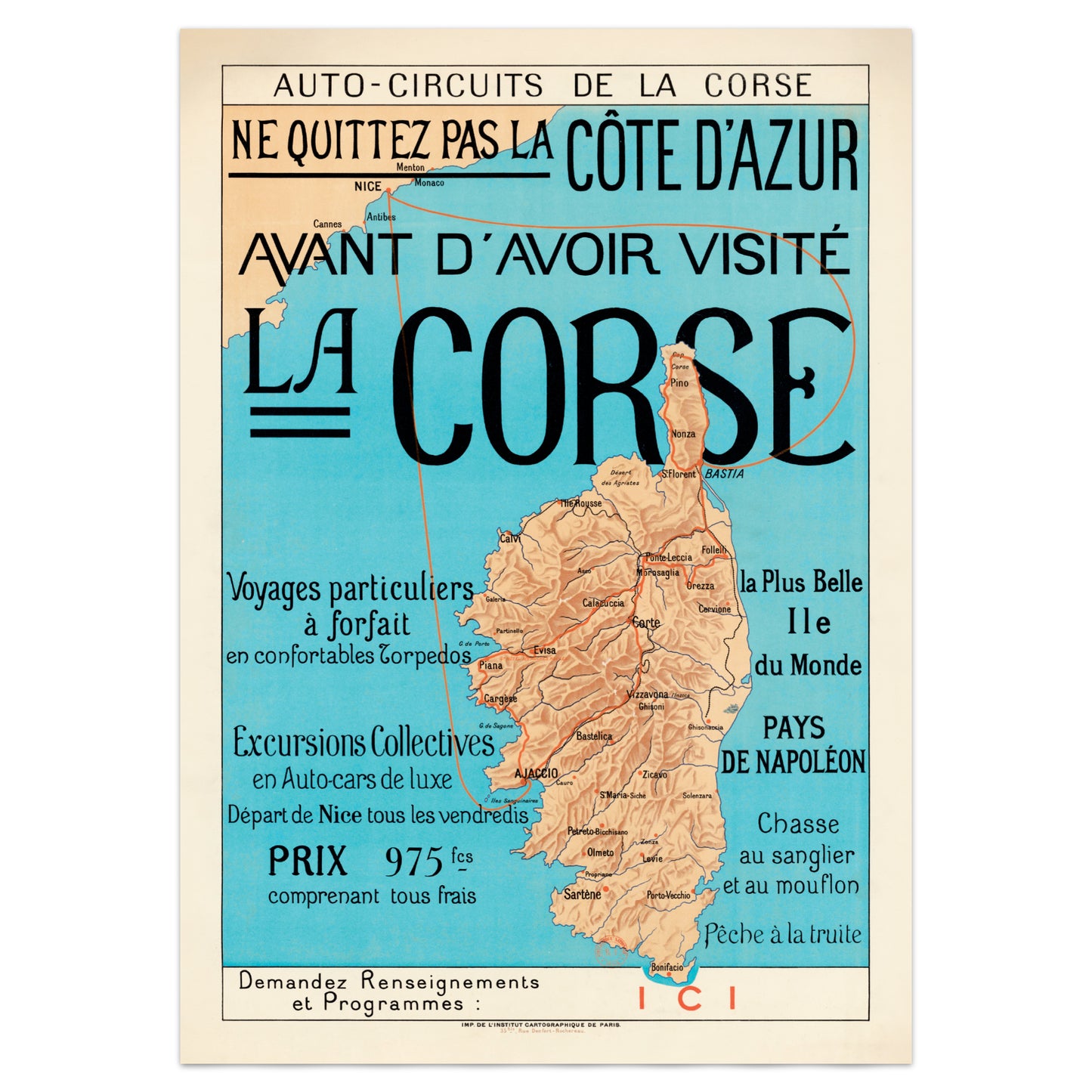 Map of Corsica with promotional text in French for travel services.