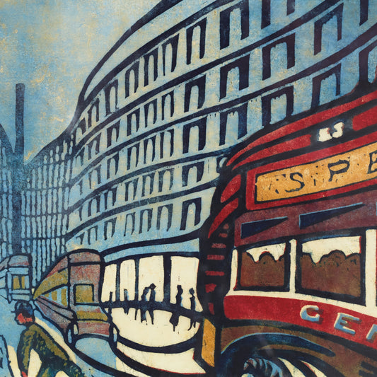 A stylized city street scene artwork showing a large curved building, red double-decker buses, pedestrians, and blue sky, rendered in bold black linework and warm muted colors.