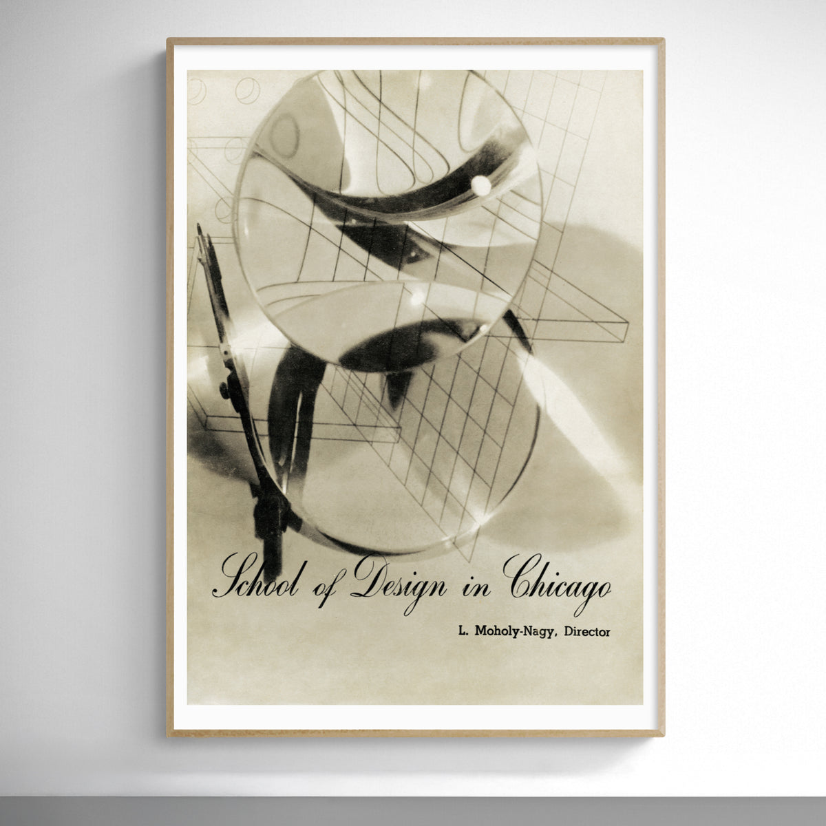 A framed art print featuring an abstract architectural design in sepia tones with the text 'School of Design in Chicago' and 'L. Moholy-Nagy, Director.