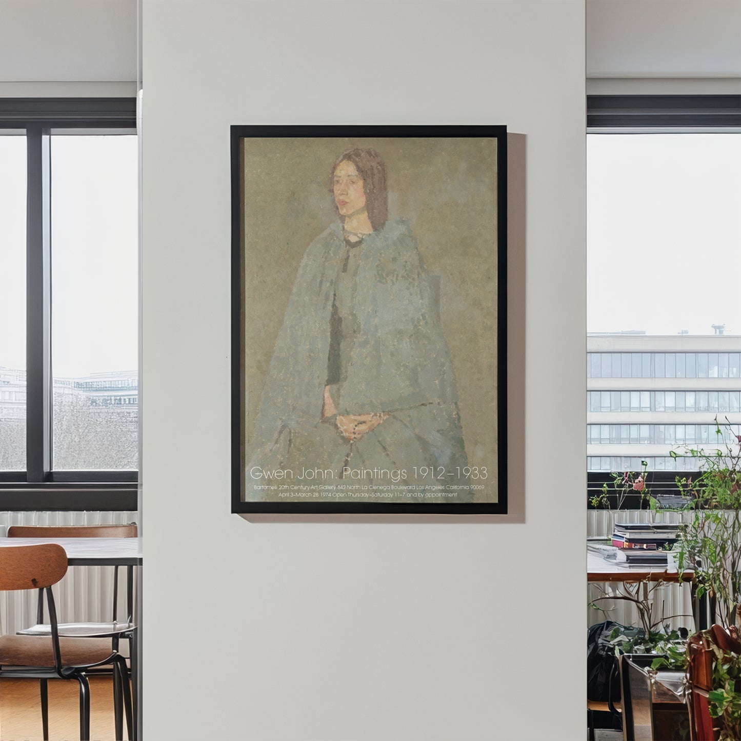 Exhibition poster featuring Gwen John 'Portrait of a Girl in Grey', muted grey-blue portrait