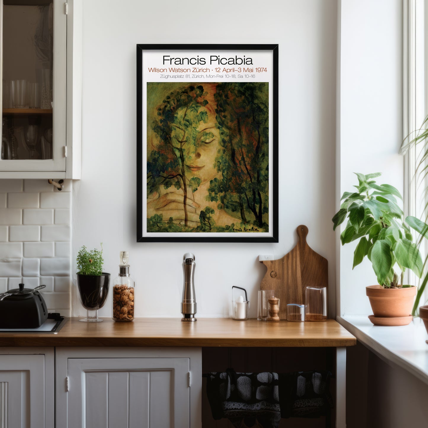 Framed artwork of a face with trees in a modern kitchen setting