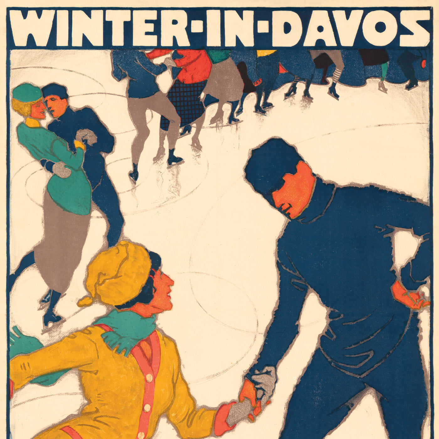 Close-up of Burkhard Mangold's Davos Winter Resort Graphic Art, 1914 Reproduction