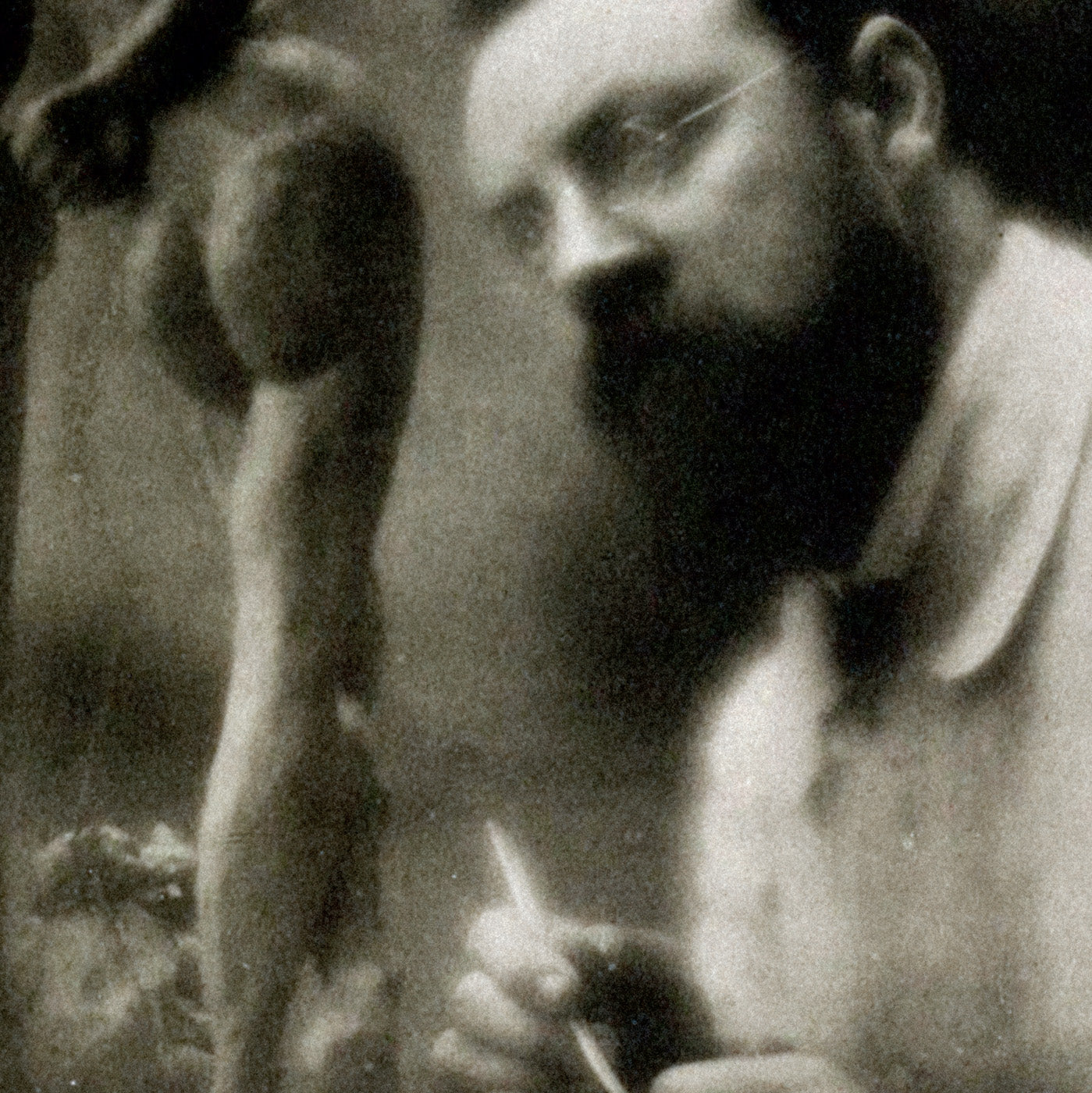 Detail view of Henri Matisse sculpting La Serpentine in 1909, featured in 1979 Imaginary Exhibition Poster