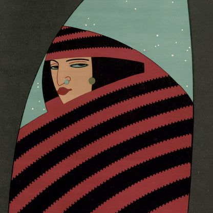 Illustration of a woman wrapped in a striped blanket with a starry night sky background