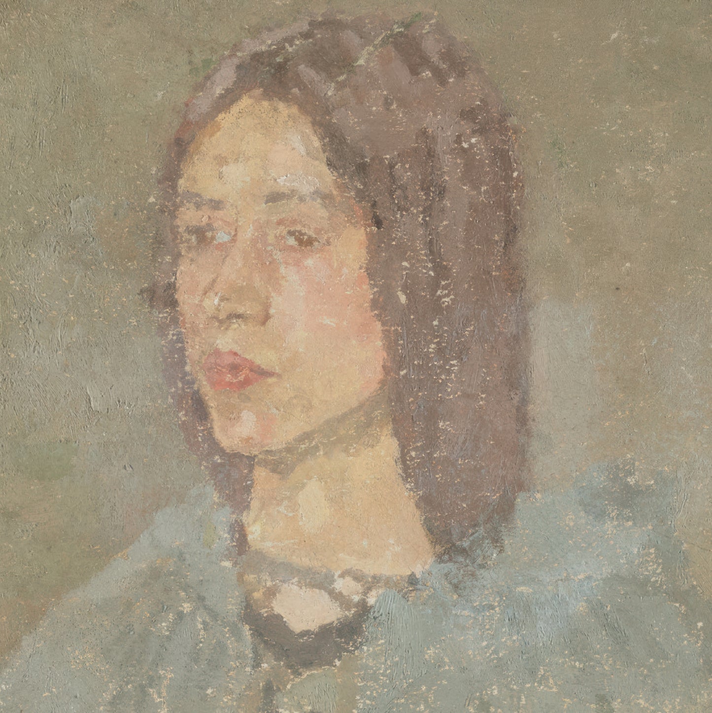 Exhibition poster featuring Gwen John 'Portrait of a Girl in Grey', muted grey-blue portrait