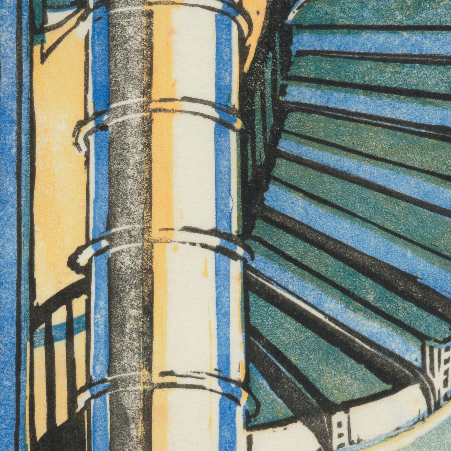 Close view of curved stair treads and central column in Cyril Power linocut design