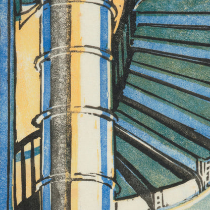 Close view of curved stair treads and central column in Cyril Power linocut design