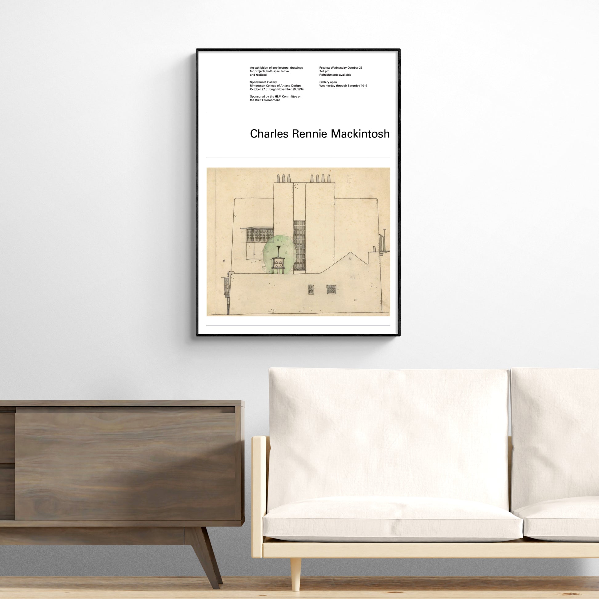 Art Nouveau architectural elevation print by Mackintosh on beige ground with green tree