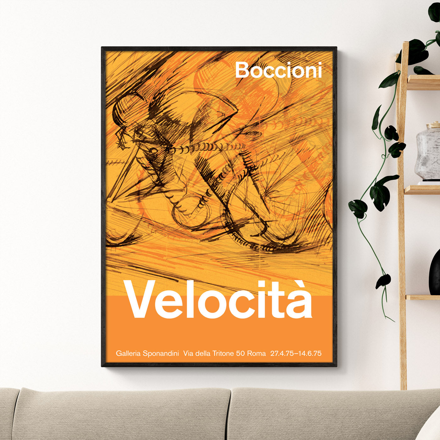 Futurist art poster showcasing Boccioni’s Dynamism of a Cyclist with a modern typographic design