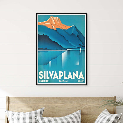 1934 Art Deco Travel Poster of Lake Silvaplana, Switzerland in Blue and Gold Tones