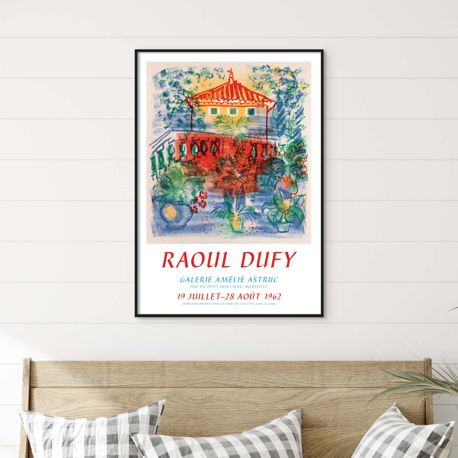 Colour lithograph-style artwork with potted plants and blue green brushwork