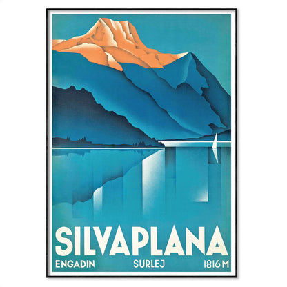 1934 Art Deco Travel Poster of Lake Silvaplana, Switzerland in Blue and Gold Tones