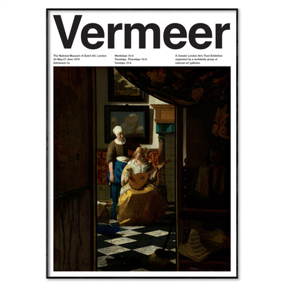 Johannes Vermeer's 'The Love Letter' featured in a vintage-style 1970s exhibition poster with Swiss modernist design