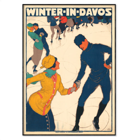 Vintage 1914 Davos Ice Skating Poster Reproduction by Burkhard Mangold