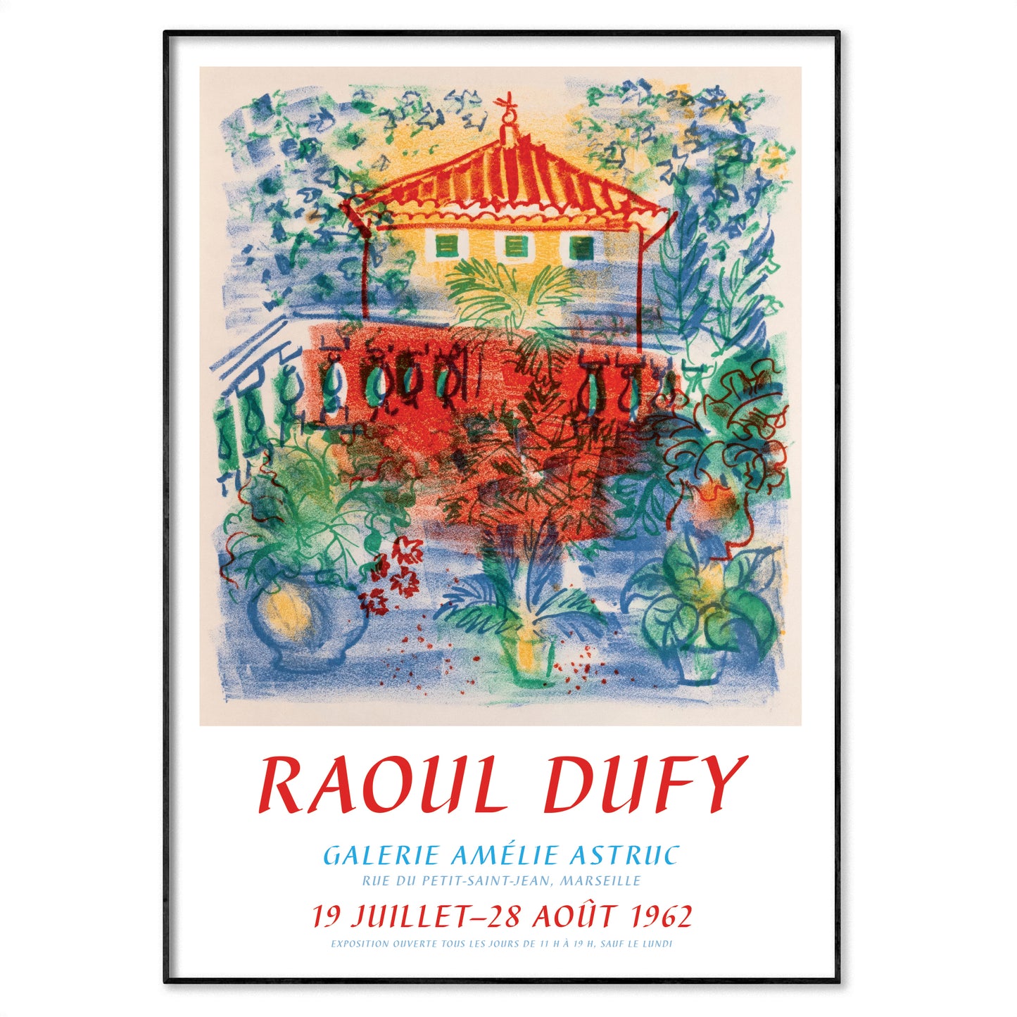 Raoul Dufy lithograph terrace scene with red tiled roof and foliage