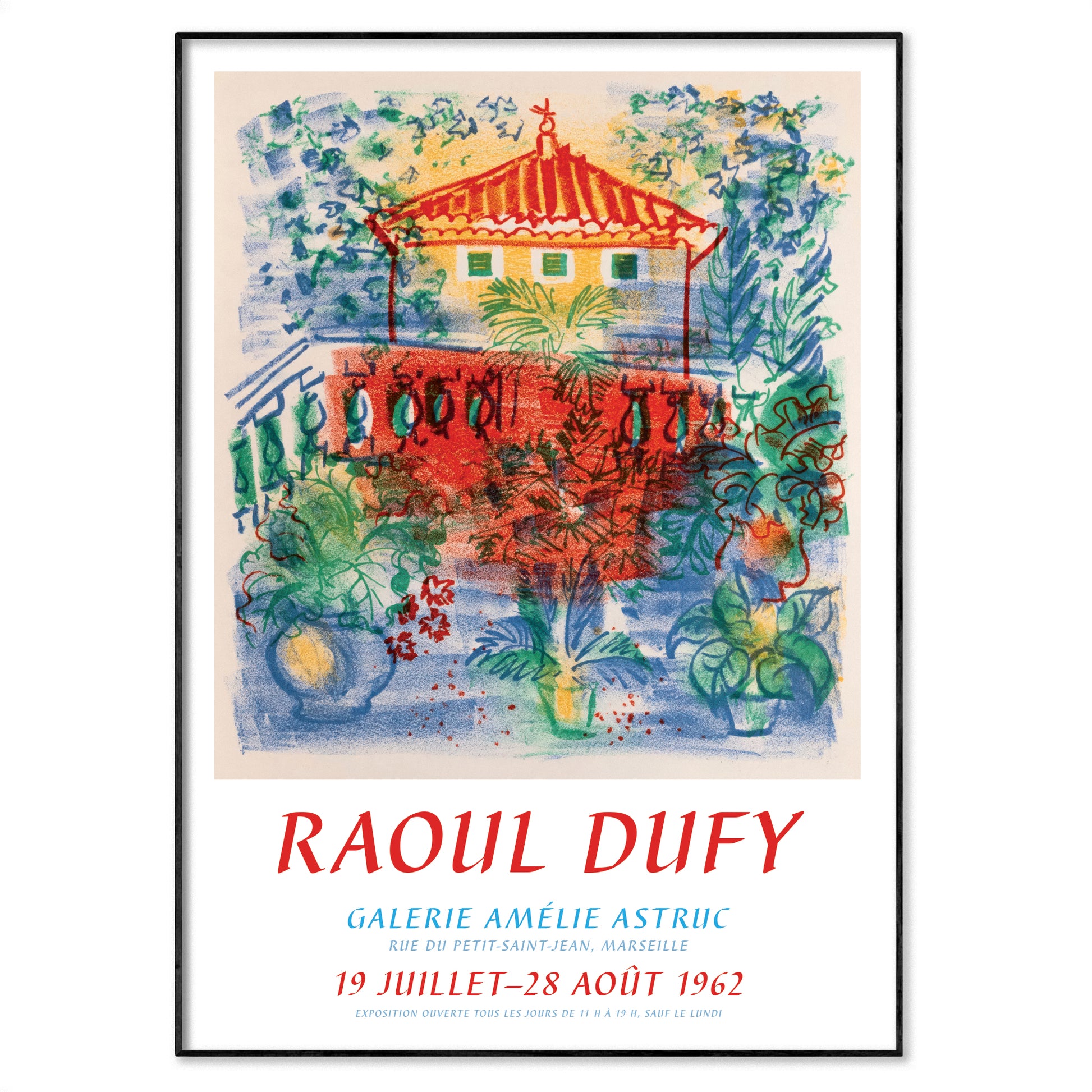 Raoul Dufy lithograph terrace scene with red tiled roof and foliage