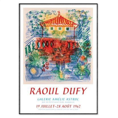 Raoul Dufy lithograph terrace scene with red tiled roof and foliage