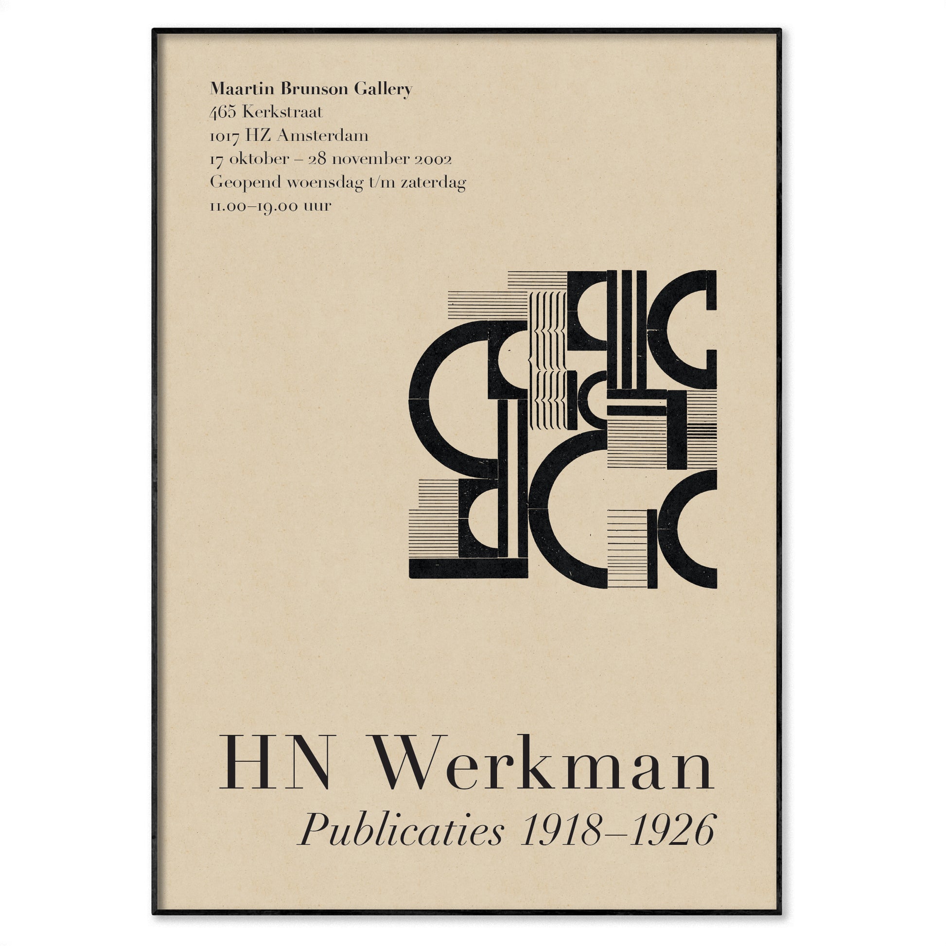 HN Werkman Exhibition Poster - black geometric letterforms on warm beige background, modernist typographic composition