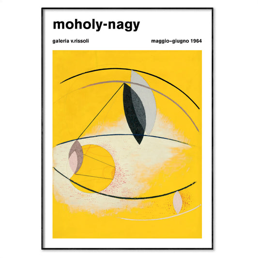 1964 Laszlo Moholy-Nagy exhibition poster from Galeria V.Rissoli, Italy, featuring Bauhaus art.