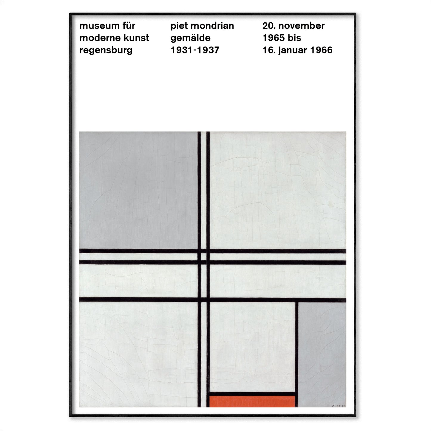 Poster featuring Piet Mondrian’s Composition (No. 1) Gray-Red (1935) with bold geometric abstraction