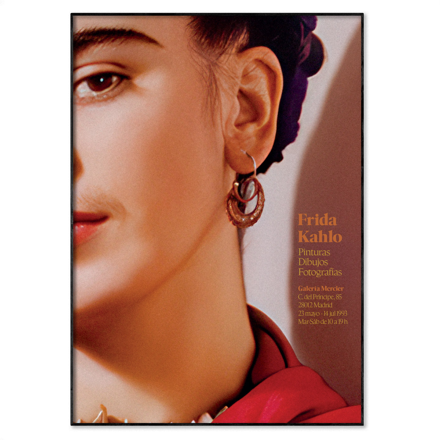 Frida Kahlo exhibition poster featuring a close-up of her face from a famous photograph by Nickolas Muray, with red and purple accents and gold typography advertising an imagined 1993 retrospective at Galería Mercier in Madrid.