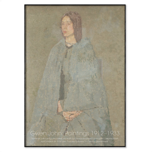 Exhibition poster featuring Gwen John 'Portrait of a Girl in Grey', muted grey-blue portrait