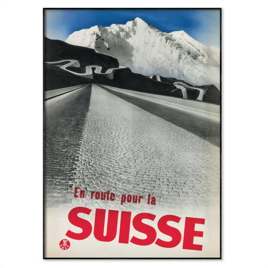 Herbert Matter travel poster adaptation – En route pour la Suisse (1935) with bold typography and photomontage.