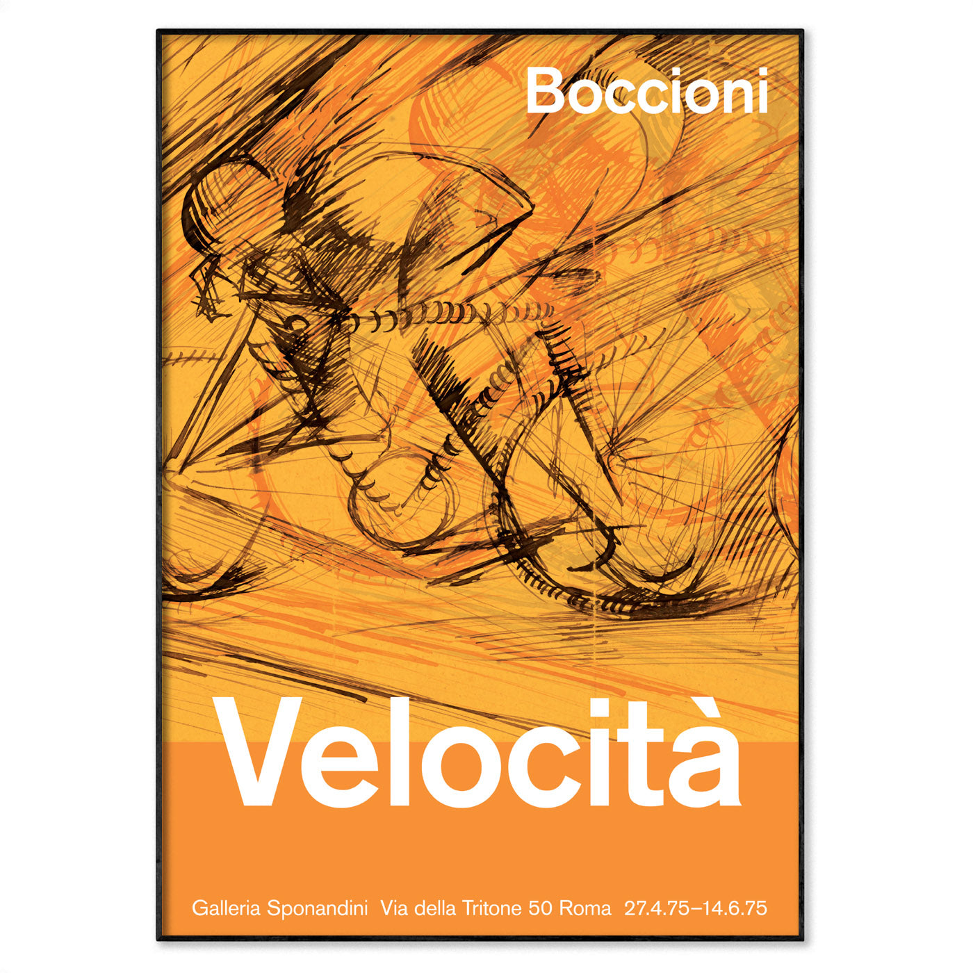 Velocità poster featuring Umberto Boccioni’s 1913 drawing Dynamism of a Cyclist with bold orange tones