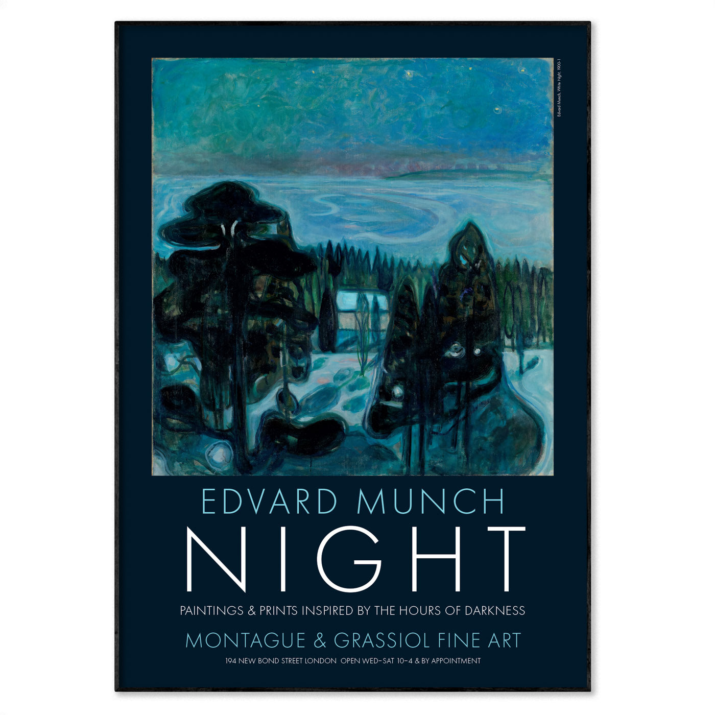 Edvard Munch 'Night' poster featuring the painting White Night from 1900–01 with bold minimalist typography