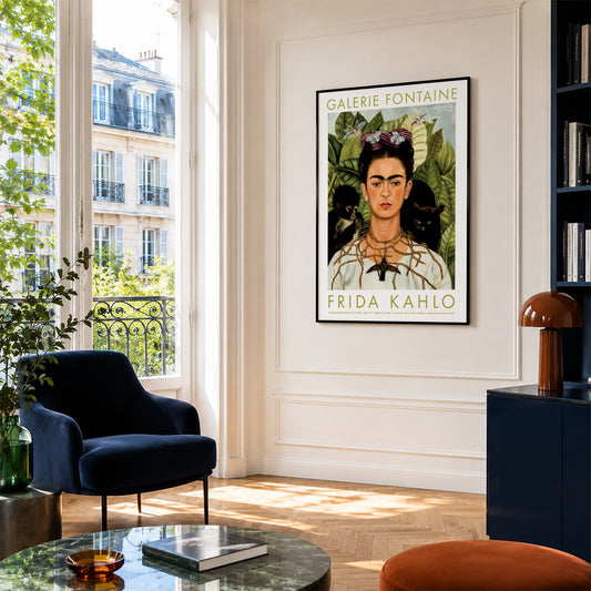 Living room with a framed Frida Kahlo artwork on the wall, a blue armchair, and a bookshelf.