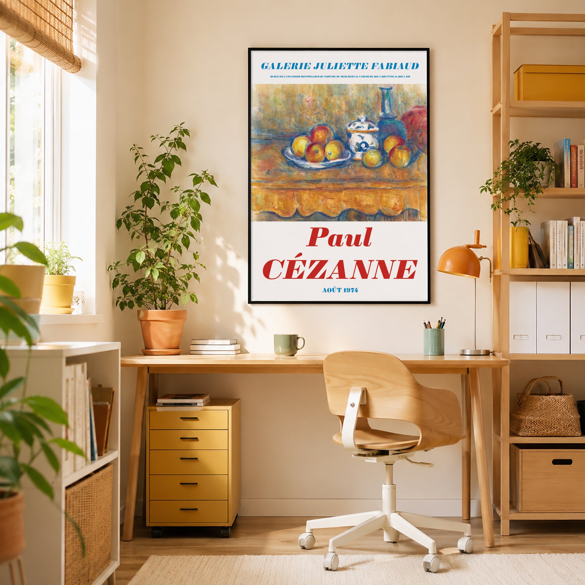 Home office with a desk, chair, and framed artwork of Paul Cézanne's painting.