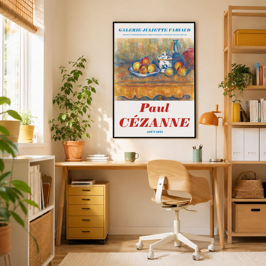 Home office with a desk, chair, and framed artwork of Paul Cézanne's painting.