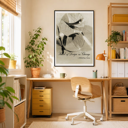 A framed abstract art print with the text 'Model of Design in Chicago' hangs on a beige wall above a wooden desk in a bright, modern home office with a wooden chair, plants, and shelving.