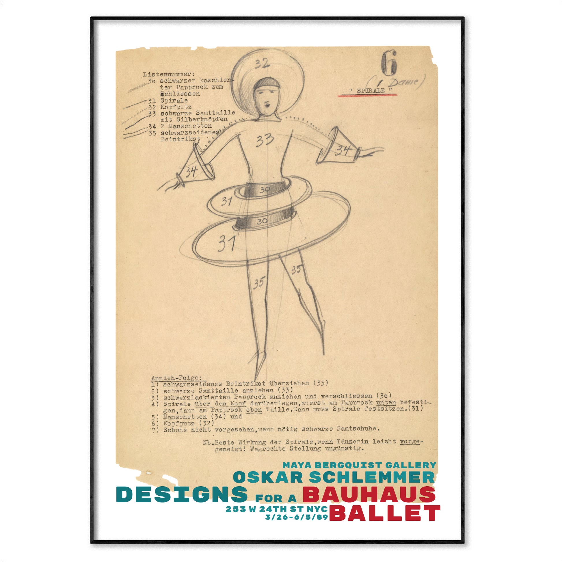 Oskar Schlemmer ‘Spiral’ costume sketch for Triadic Ballet, pencil and typed annotations on paper.