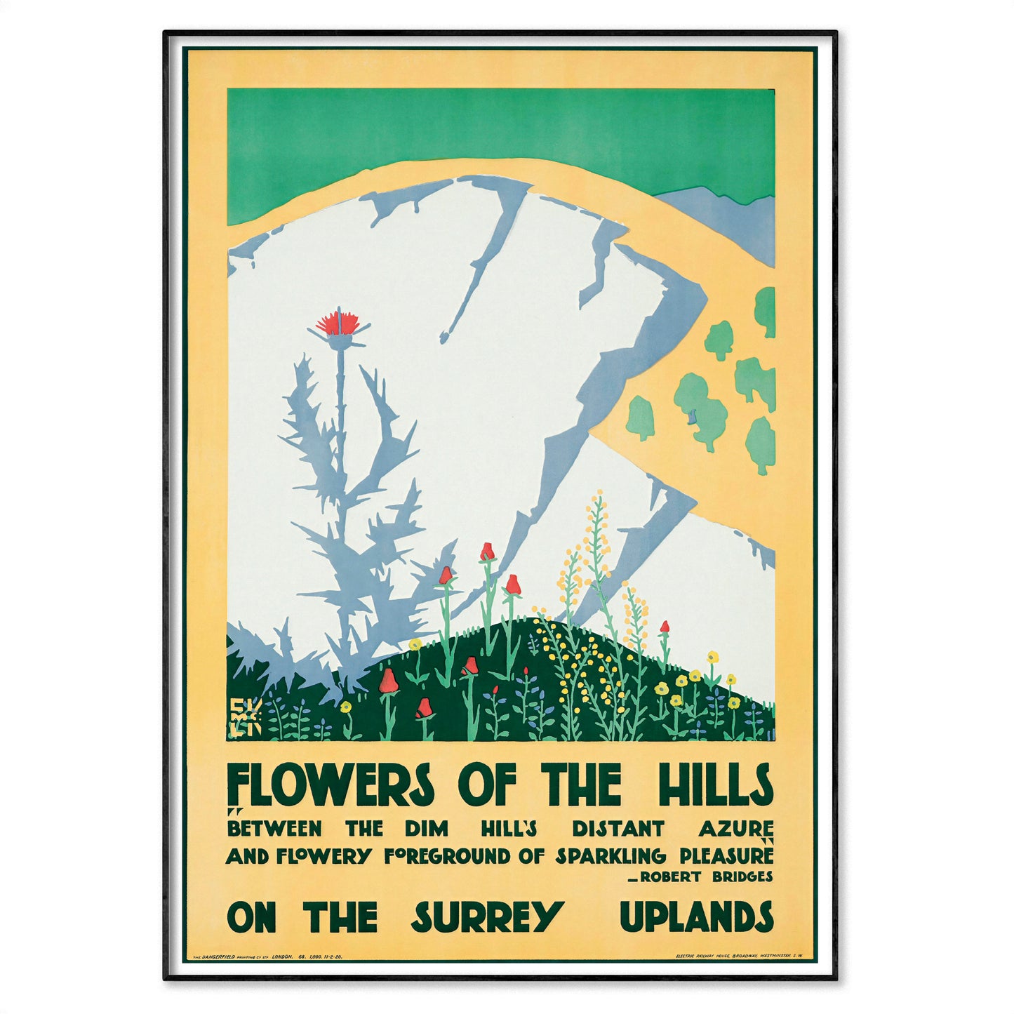 A vintage-style travel poster print titled 'Flowers of the Hills' with illustrated hills, flowers, and text reading 'On the Surrey Uplands.' Because the depicted scene itself is the product being sold as wall art, this fits Scenery rather than Product/Packaging.