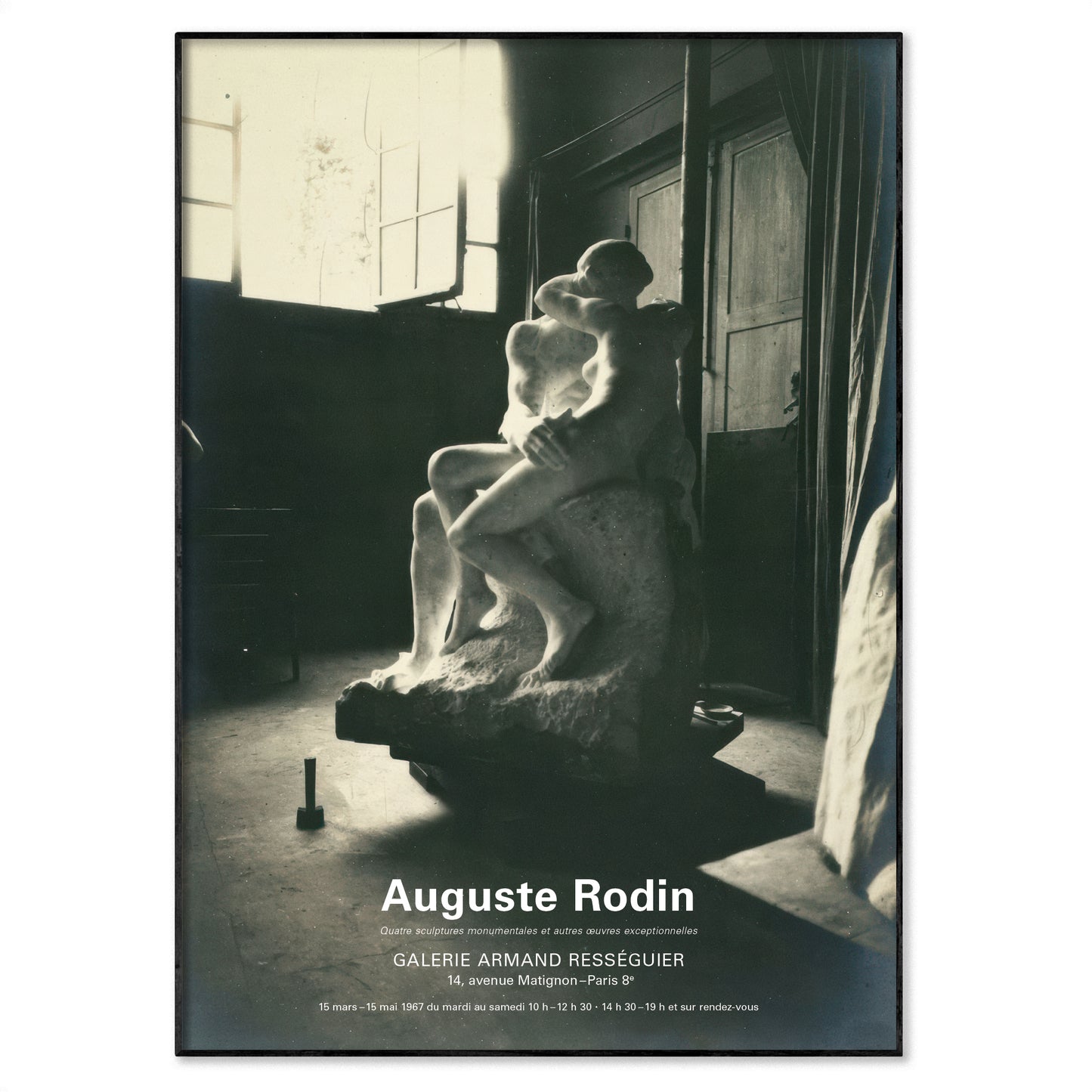 A black and white art poster featuring a photograph of an Auguste Rodin sculpture in a dimly lit studio, with the text 'Auguste Rodin' and gallery details at the bottom.