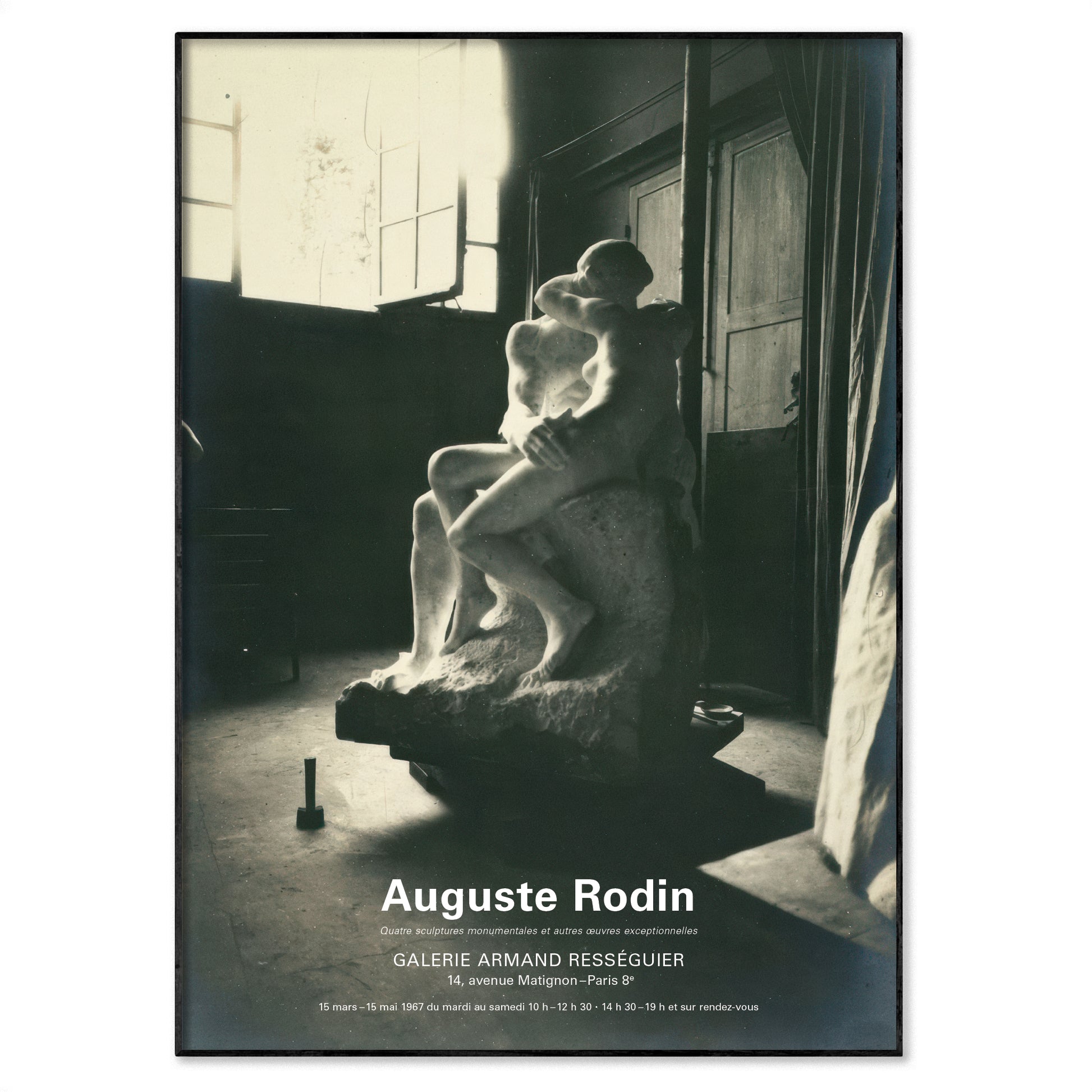 A black and white art poster featuring a photograph of an Auguste Rodin sculpture in a dimly lit studio, with the text 'Auguste Rodin' and gallery details at the bottom.