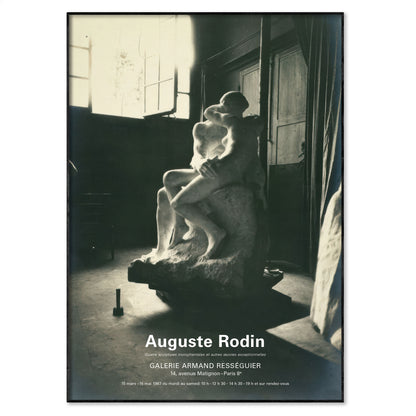 A black and white art poster featuring a photograph of an Auguste Rodin sculpture in a dimly lit studio, with the text 'Auguste Rodin' and gallery details at the bottom.