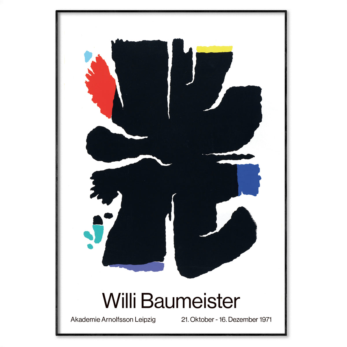A framed art poster featuring an abstract black brushstroke symbol on a white background, with the text 'Willi Baumeister' and smaller text below reading 'Akademie Arnulfsson Leipzig 21. Oktober - 15.
