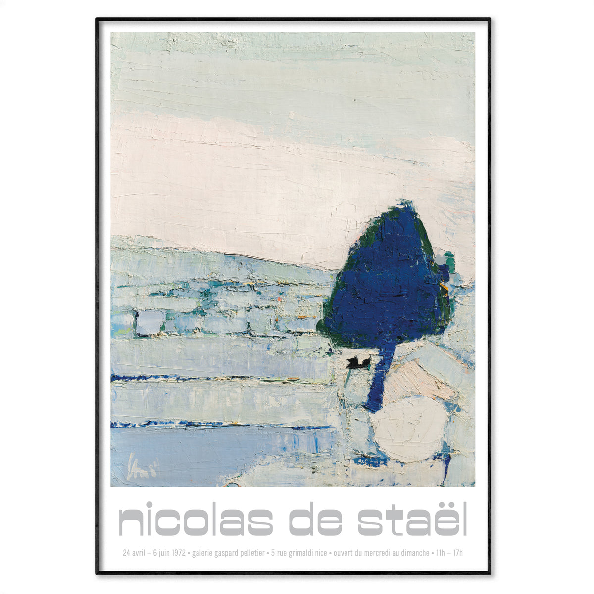 A framed art print of an impressionist landscape painting by Nicolas de Staël, featuring a dark blue tree, textured blue hills, and a pale sky, with the artist's name printed at the bottom.