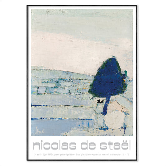 A framed art print of an impressionist landscape painting by Nicolas de Staël, featuring a dark blue tree, textured blue hills, and a pale sky, with the artist's name printed at the bottom.