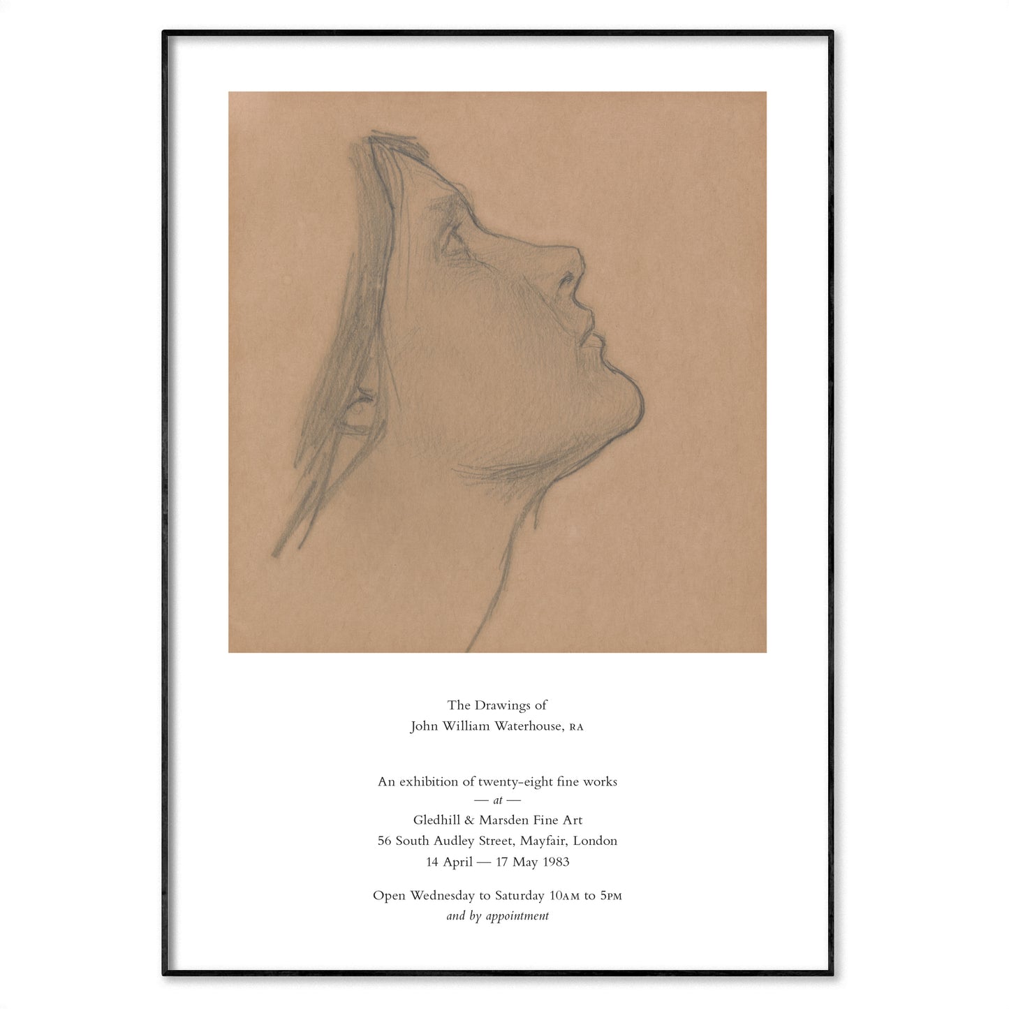 Framed black and white line drawing of a profile on brown paper with text below.