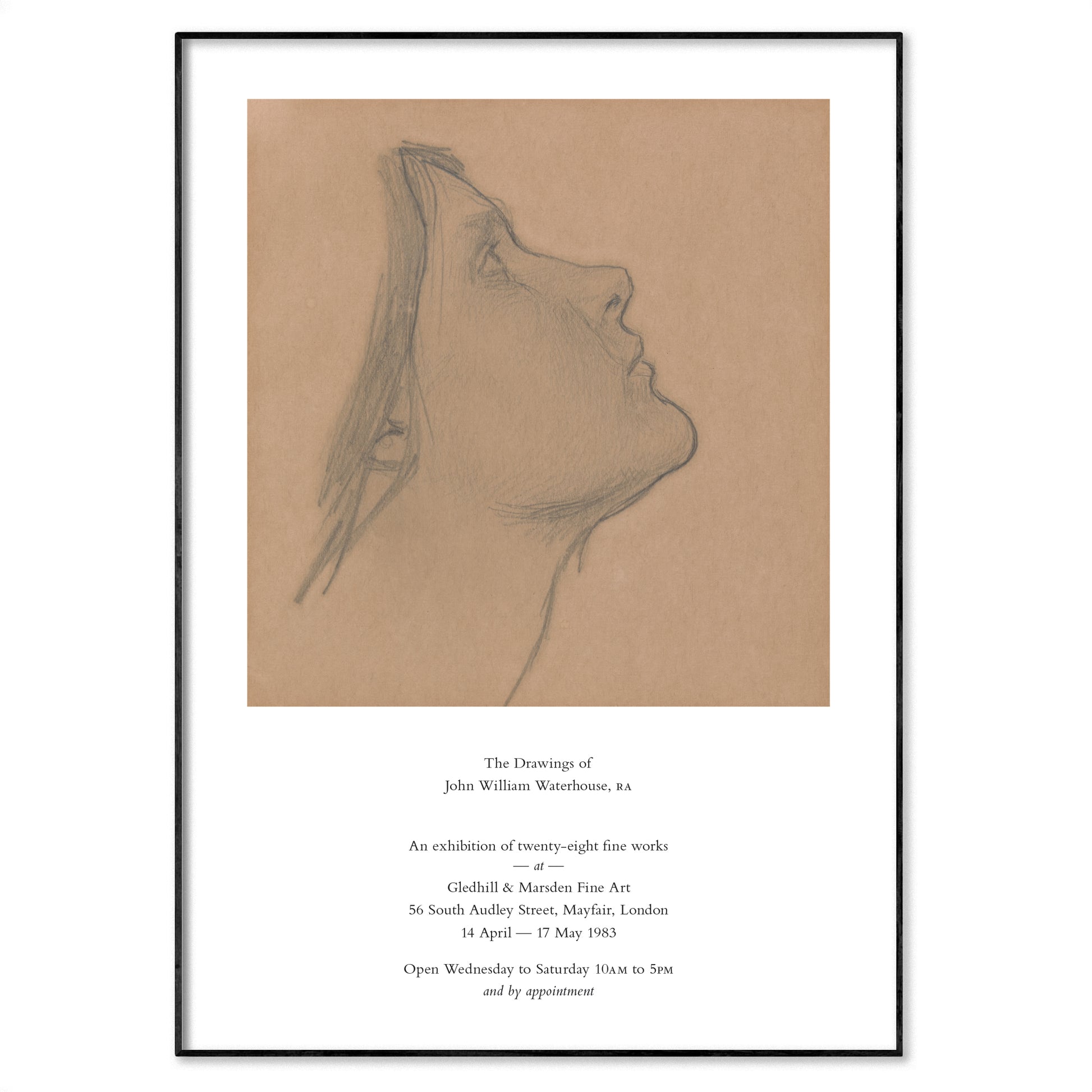 Framed black and white line drawing of a profile on brown paper with text below.