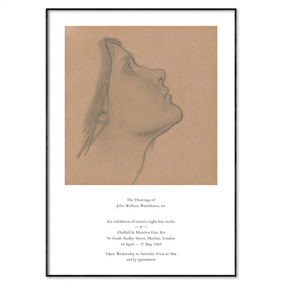 Framed black and white line drawing of a profile on brown paper with text below.