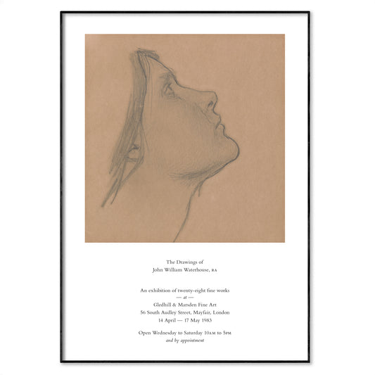 Framed black and white line drawing of a profile on brown paper with text below.