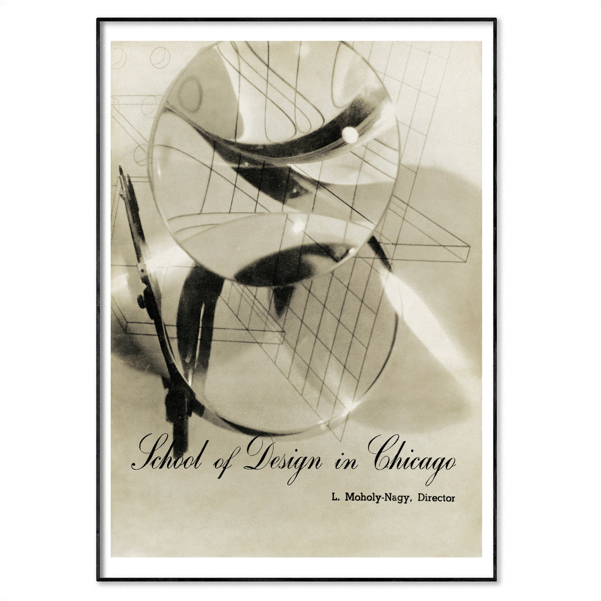 A framed art print featuring a vintage architectural design illustration with geometric forms and the text 'School of Design in Chicago' and 'L. Moholy-Nagy, Director' in a sepia-toned print.