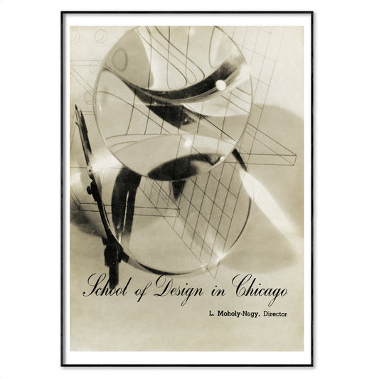 A framed art print featuring a vintage architectural design illustration with geometric forms and the text 'School of Design in Chicago' and 'L. Moholy-Nagy, Director' in a sepia-toned print.